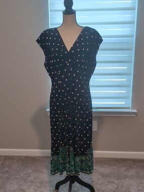 Jones New York Navy Polka Dot Midi Dress with Teal Hem